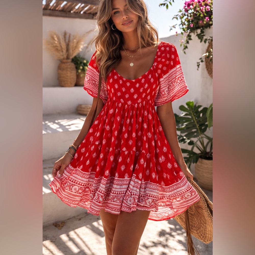 BaeVely Floral Boho Bohemian Mini Dress; Red Floral Boho Dress